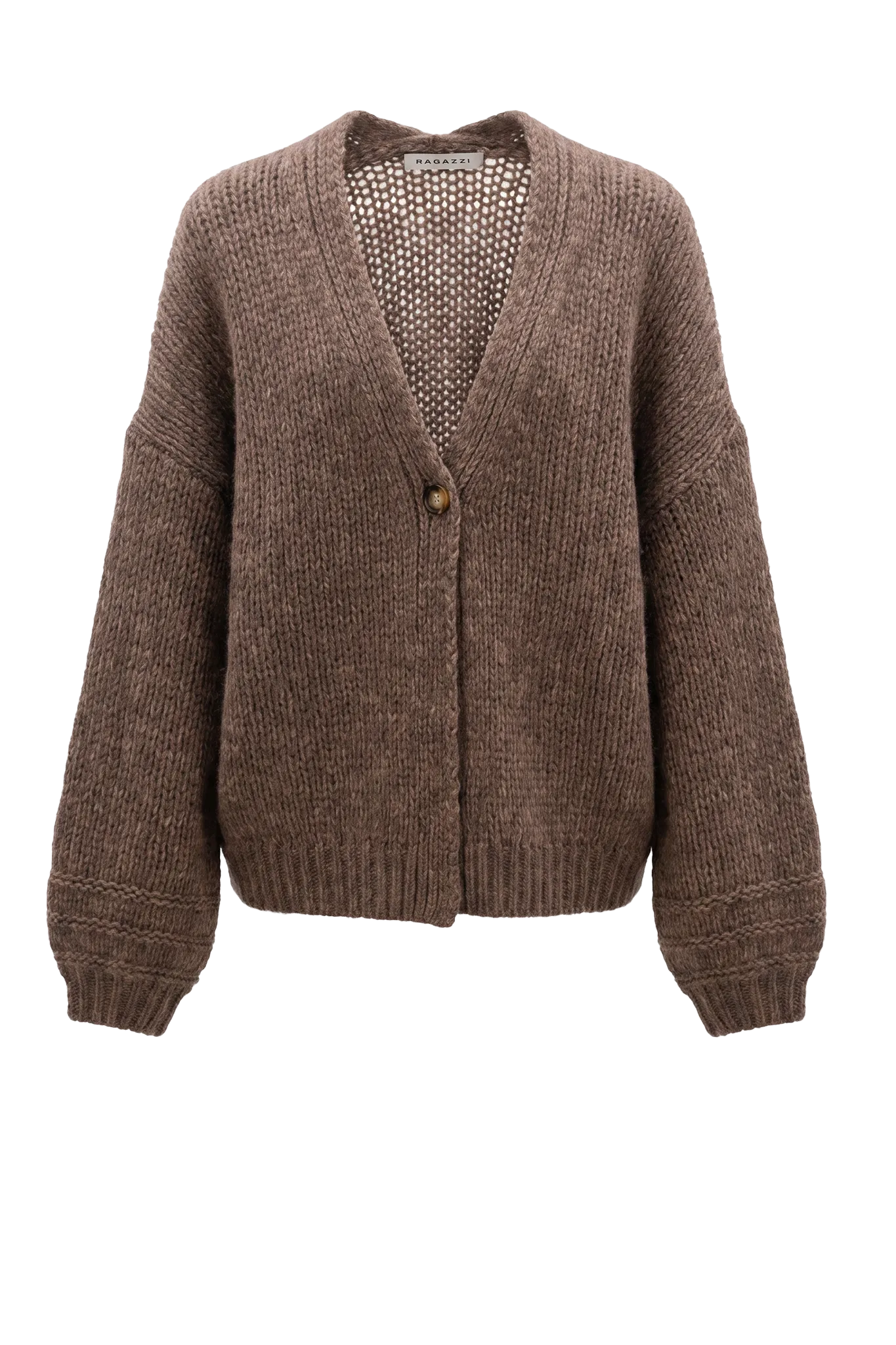 Cardigan V-Neck Ballon Sleeve in Dark Natural