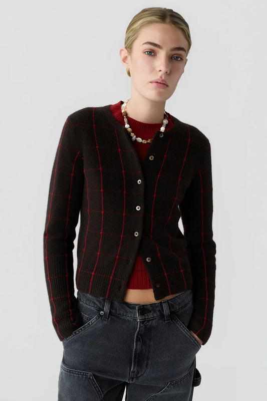 Cardigan Jane Checker in Burnt Cocoa/Carmine