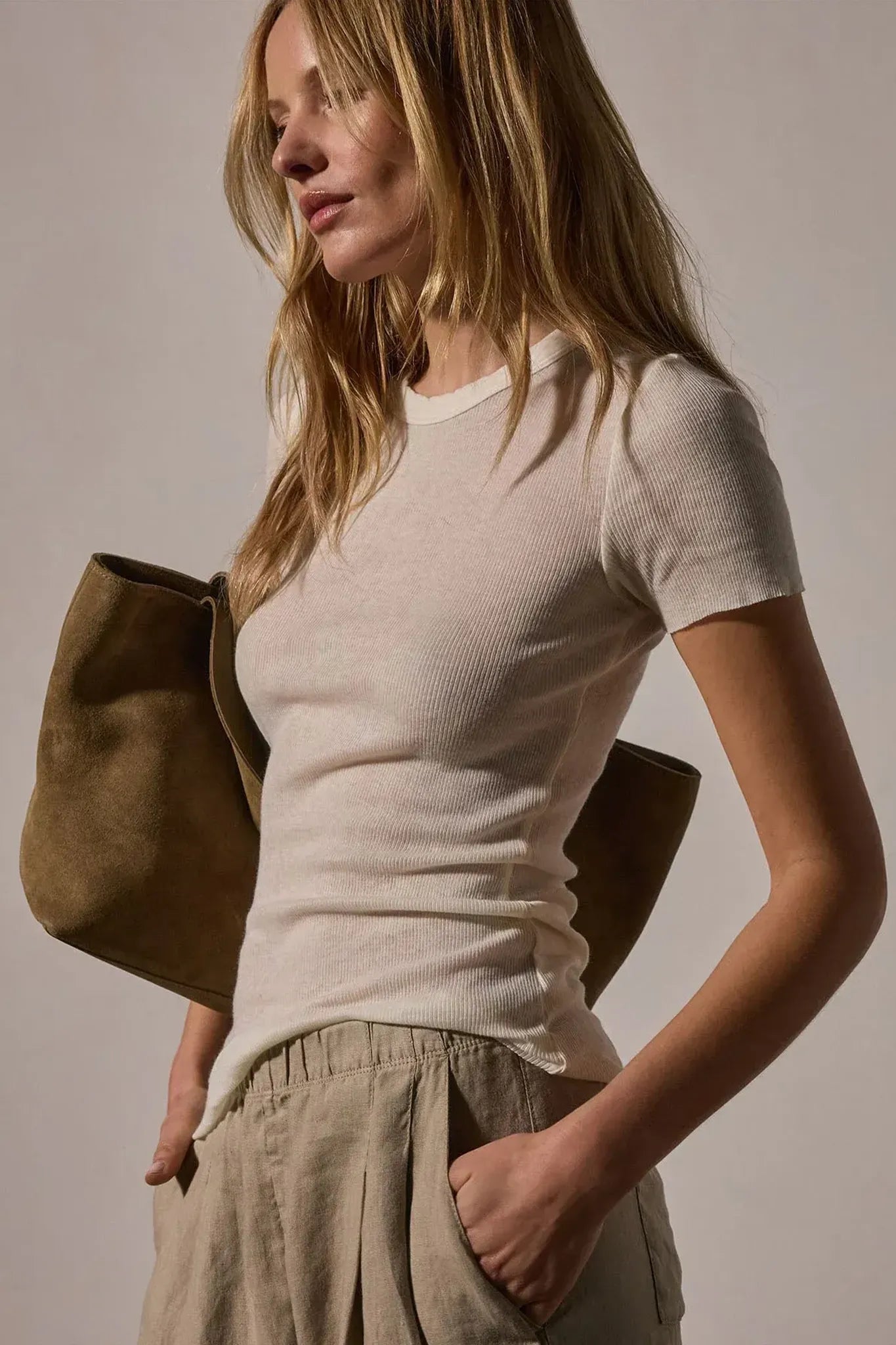 Shirt Cotton Cashmere Blend Ribbed Crew in Ivory