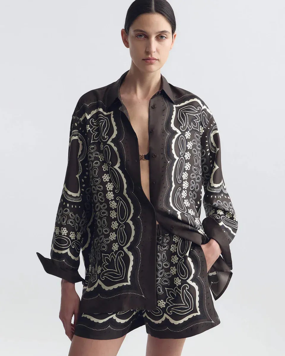 Shirt Alfie Silk in Brown-Ivory Bandana Print