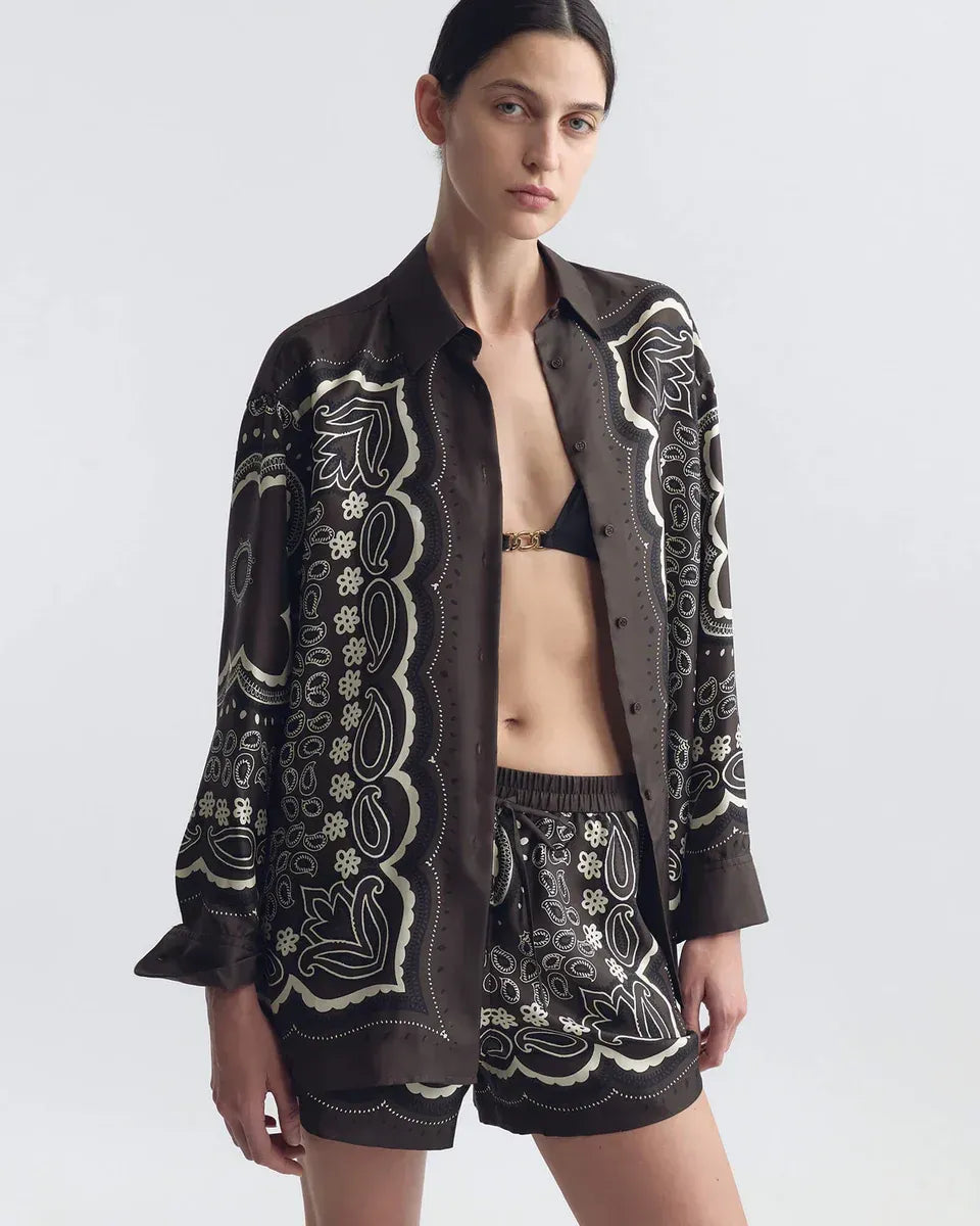 Shirt Alfie Silk in Brown-Ivory Bandana Print
