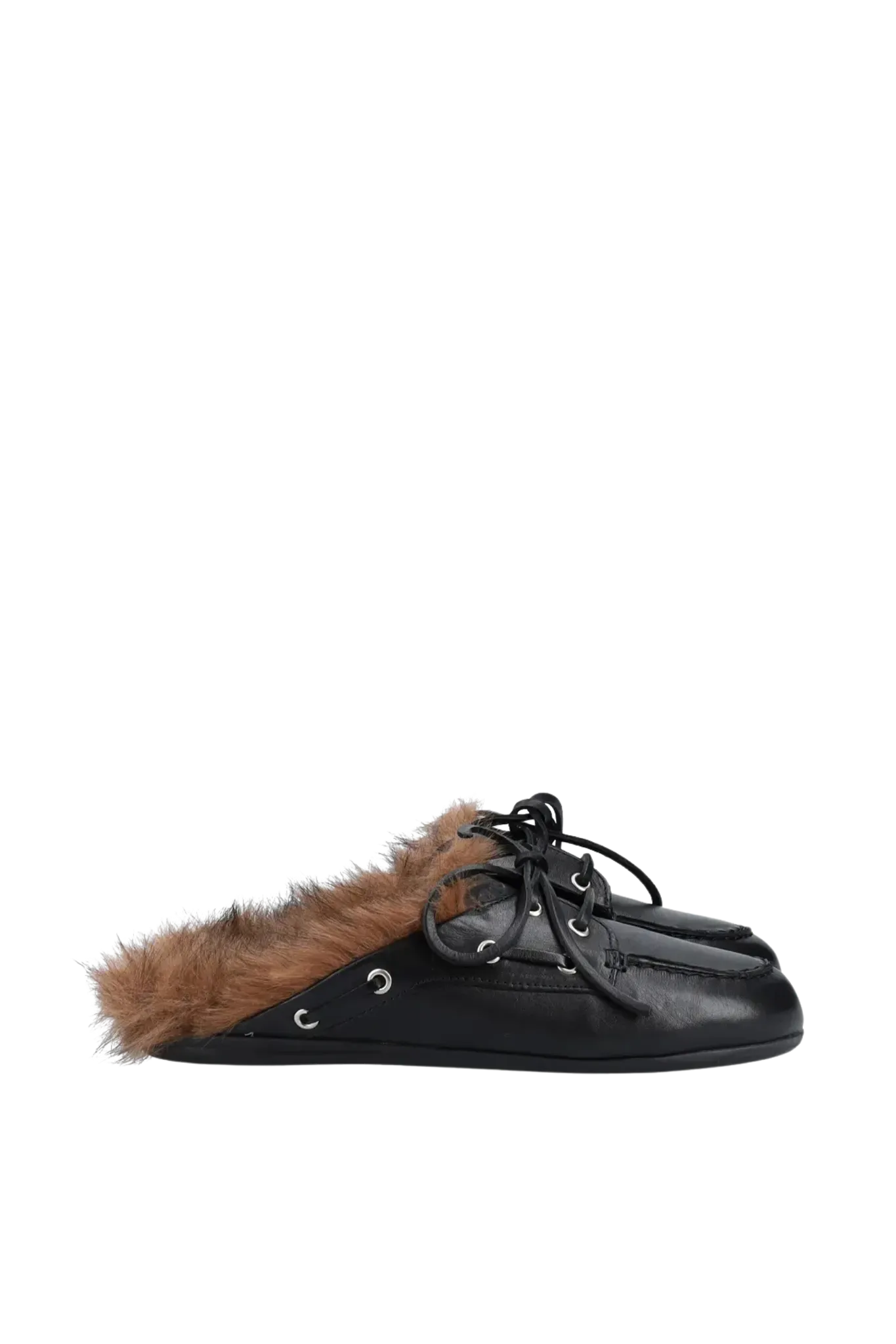 Boat Loafer Mule Hairy Fur Soft Leather in Black