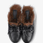 Boat Loafer Mule Hairy Fur Soft Leather in Black