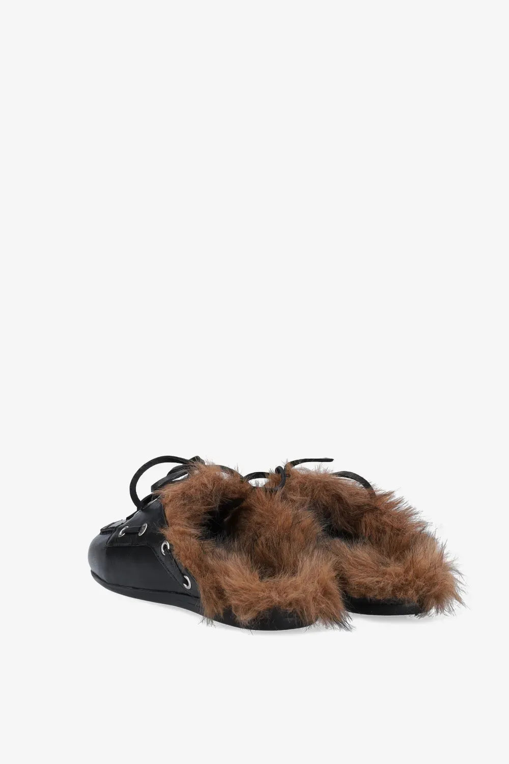 Boat Loafer Mule Hairy Fur Soft Leather in Black