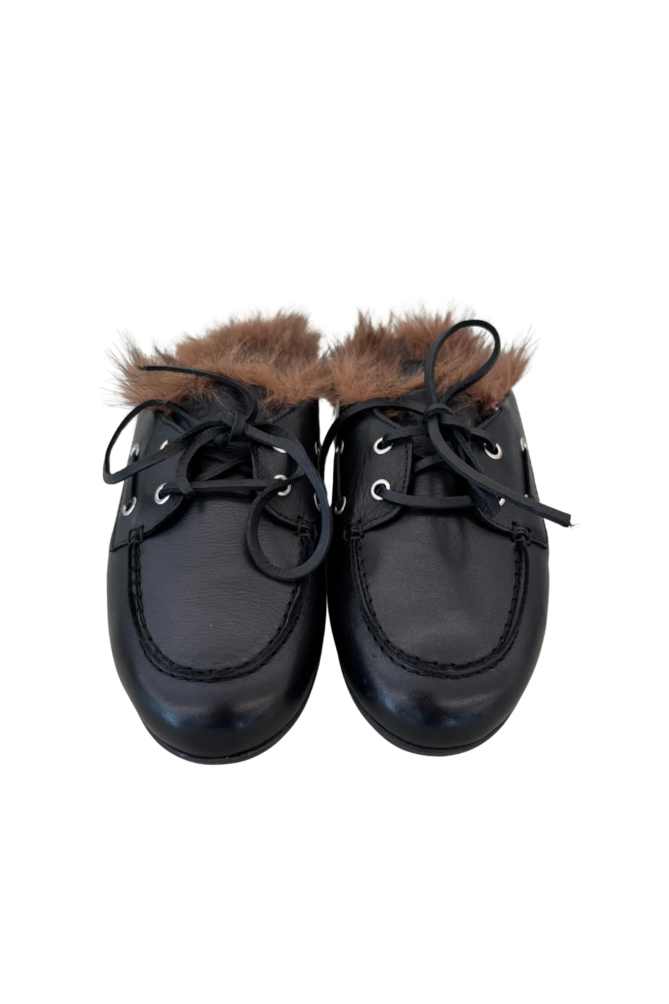 Boat Loafer Mule Hairy Fur Soft Leather in Black