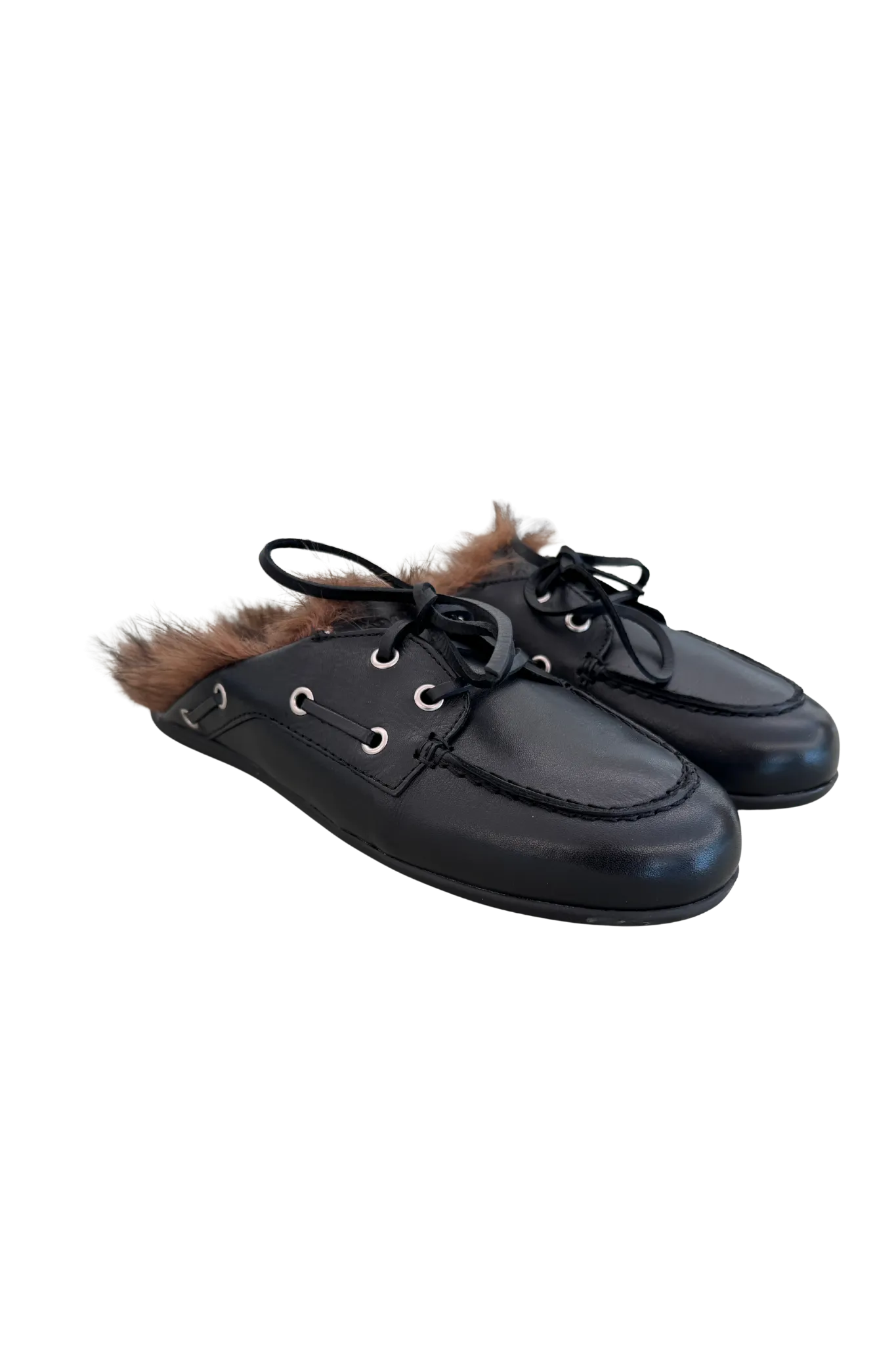 Boat Loafer Mule Hairy Fur Soft Leather in Black