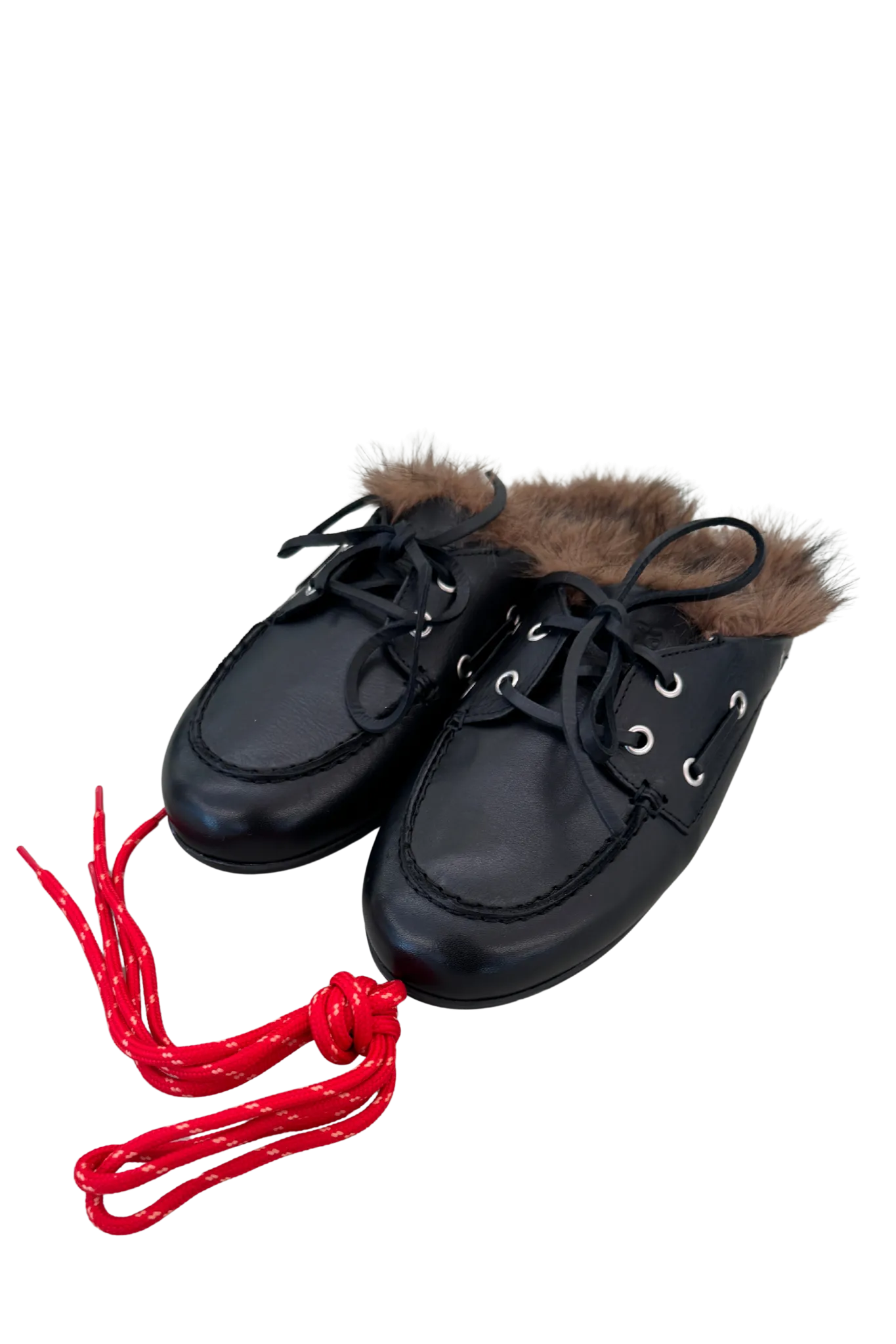 Boat Loafer Mule Hairy Fur Soft Leather in Black