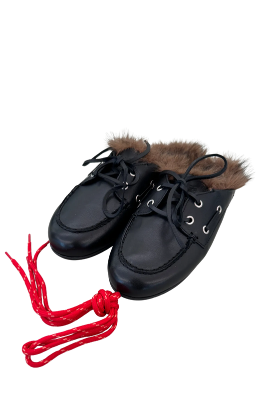 Boat Loafer Mule Hairy Fur Soft Leather in Black