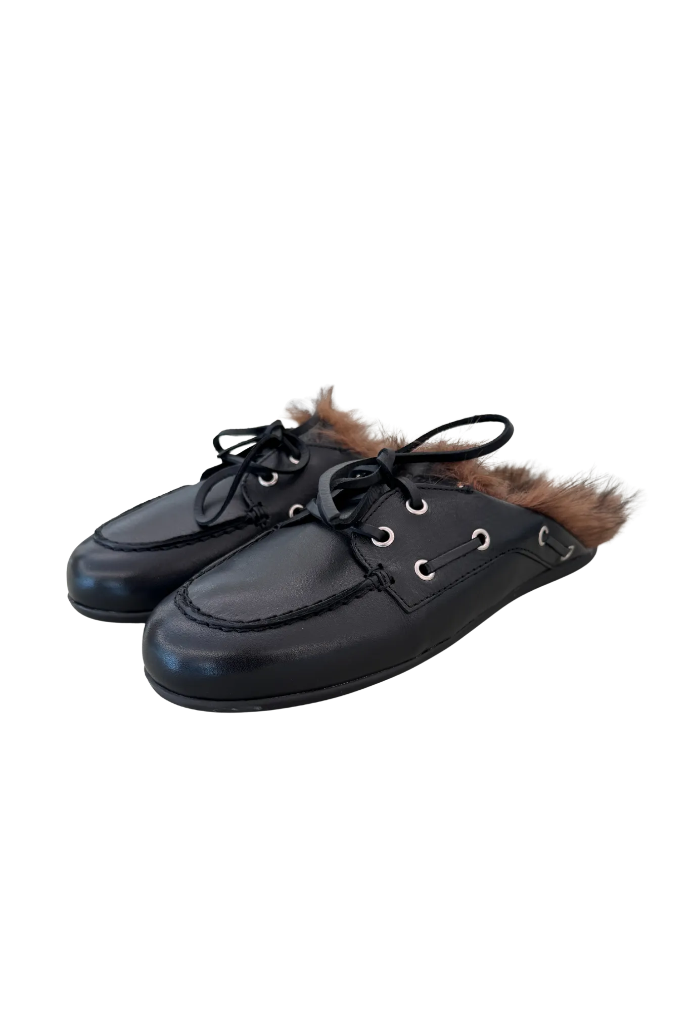 Boat Loafer Mule Hairy Fur Soft Leather in Black