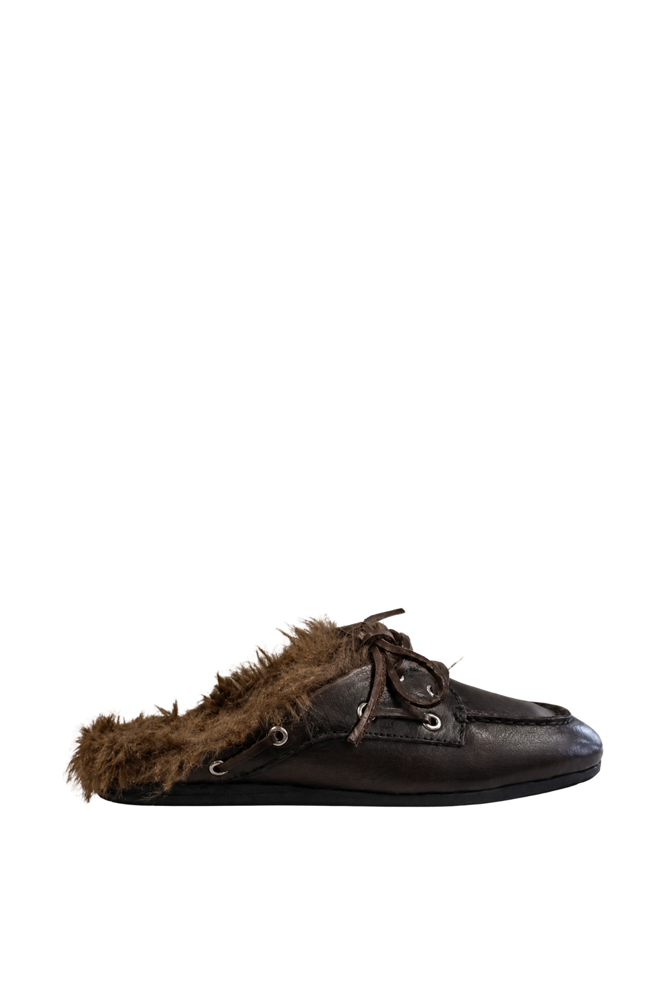 Boat Loafer Mule Hairy Fur Soft Leather in Coffee