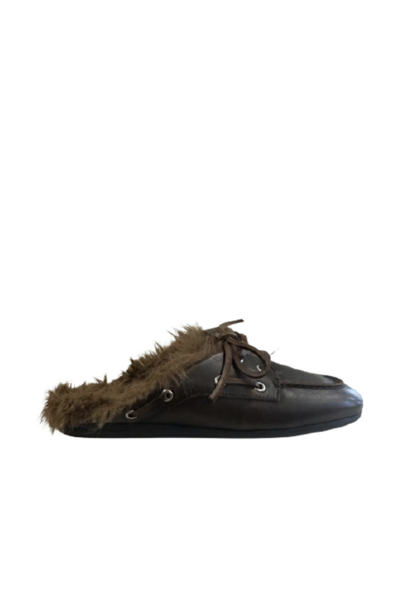 Boat Loafer Mule Hairy Fur Soft Leather in Coffee