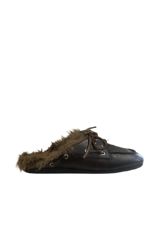 Boat Loafer Mule Hairy Fur Soft Leather in Coffee