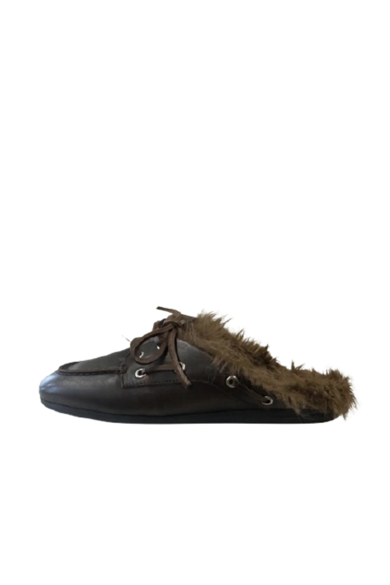 Boat Loafer Mule Hairy Fur Soft Leather in Coffee