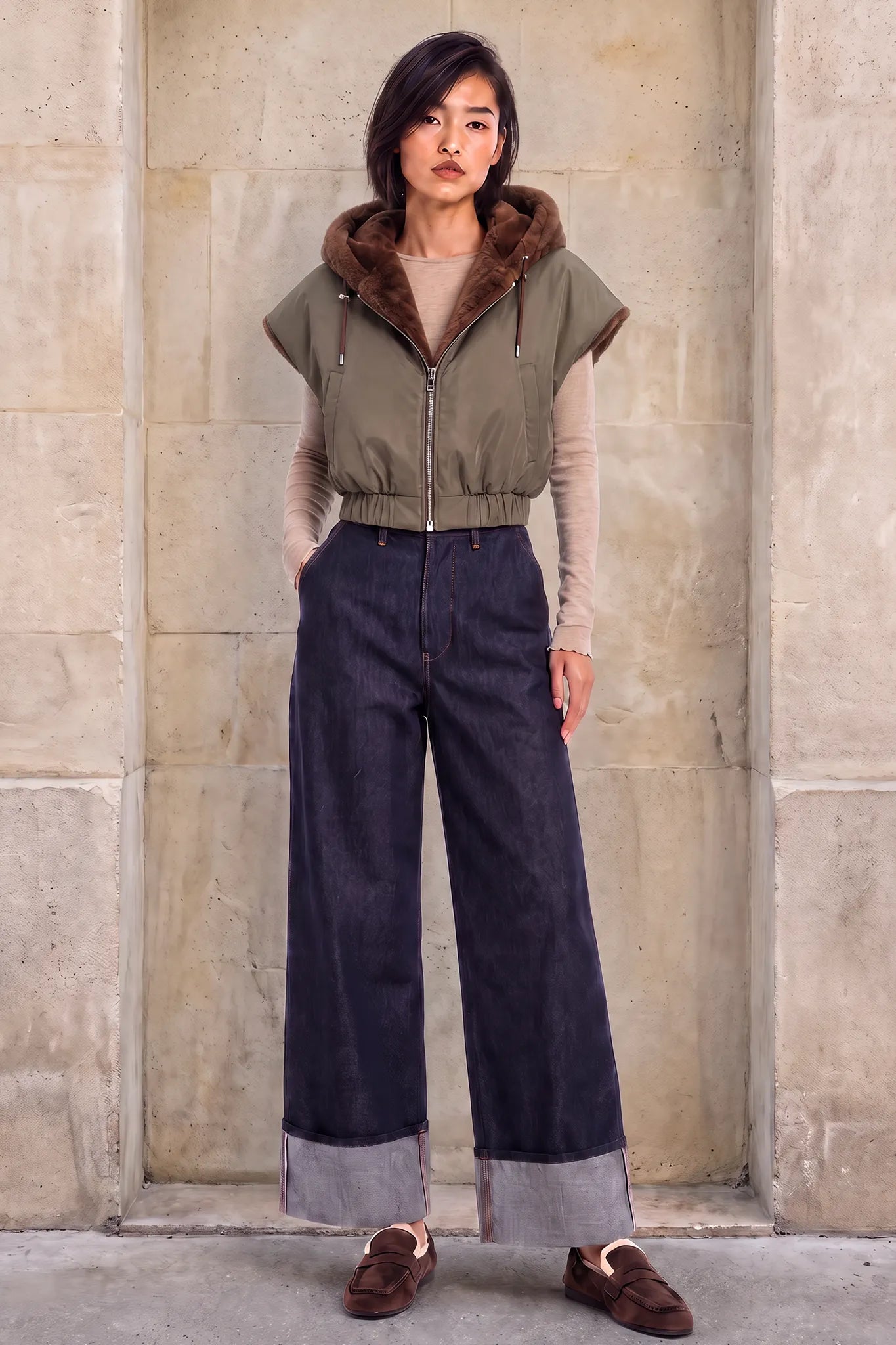 Weste Mia Reversible in Olive-Brown