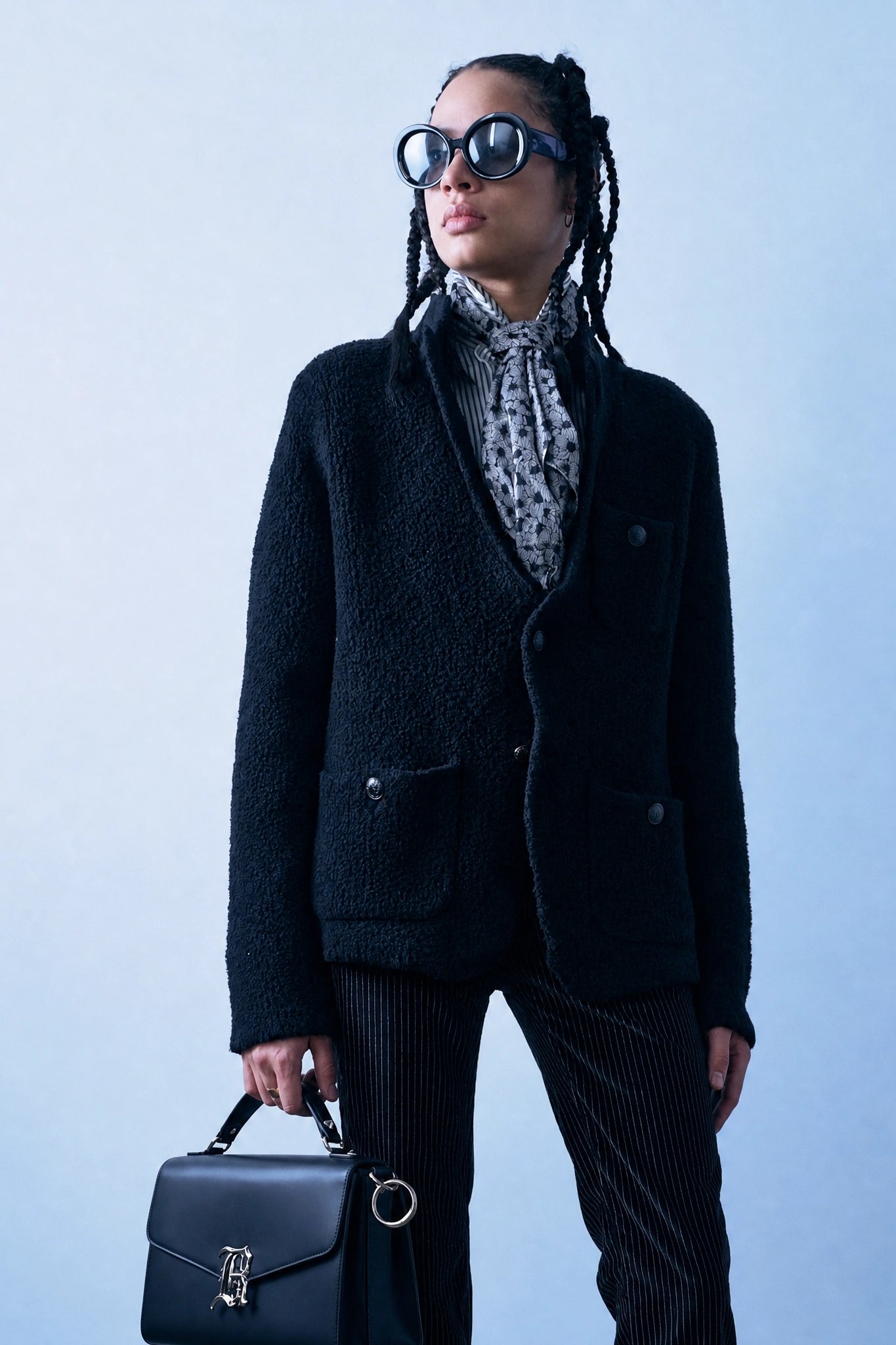 Blazer Shrunken Sweater in Black Boucle