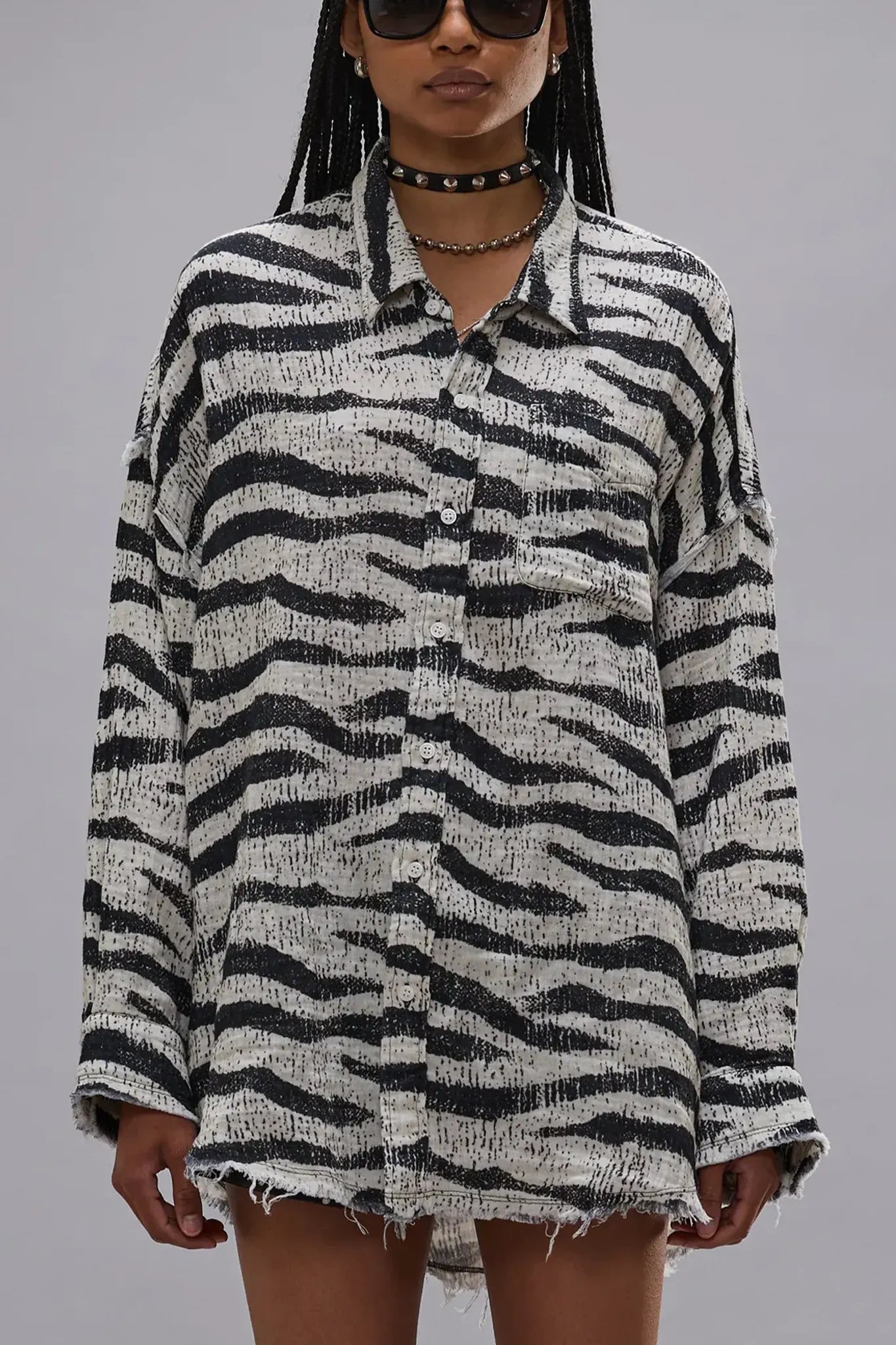 Shirt Shredded Seam Drop Neck in Black & White Zebra