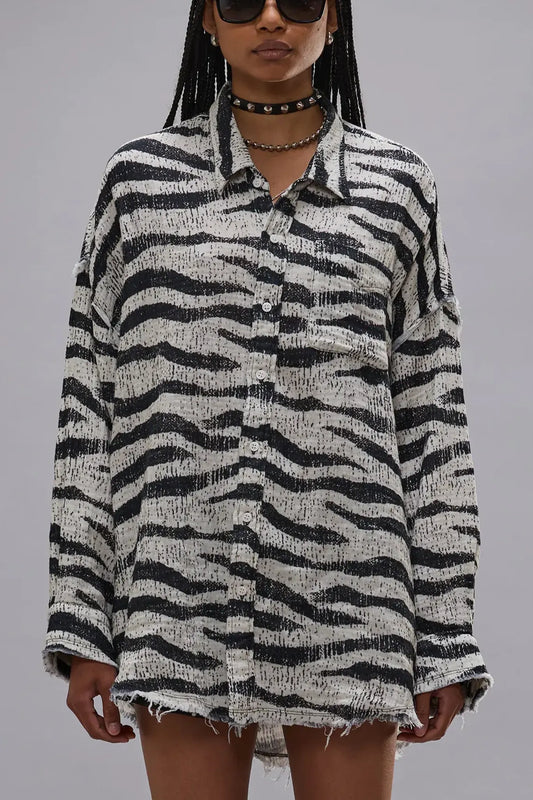 Shirt Shredded Seam Drop Neck in Black & White Zebra