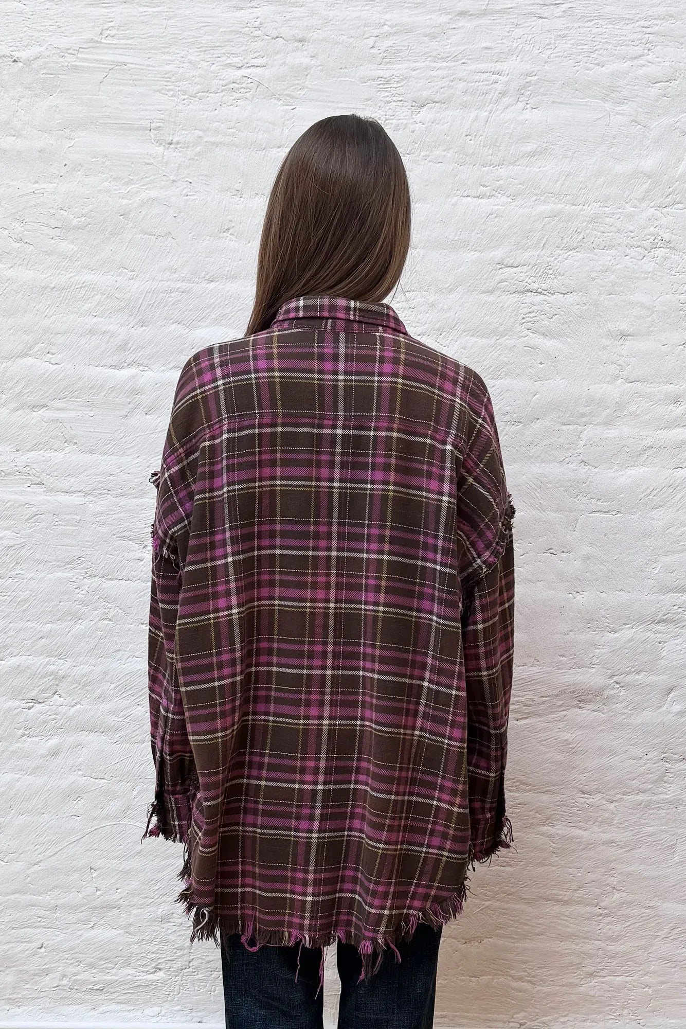 Shirt Shredded Seam Drop Neck in Brown Pink Plaid