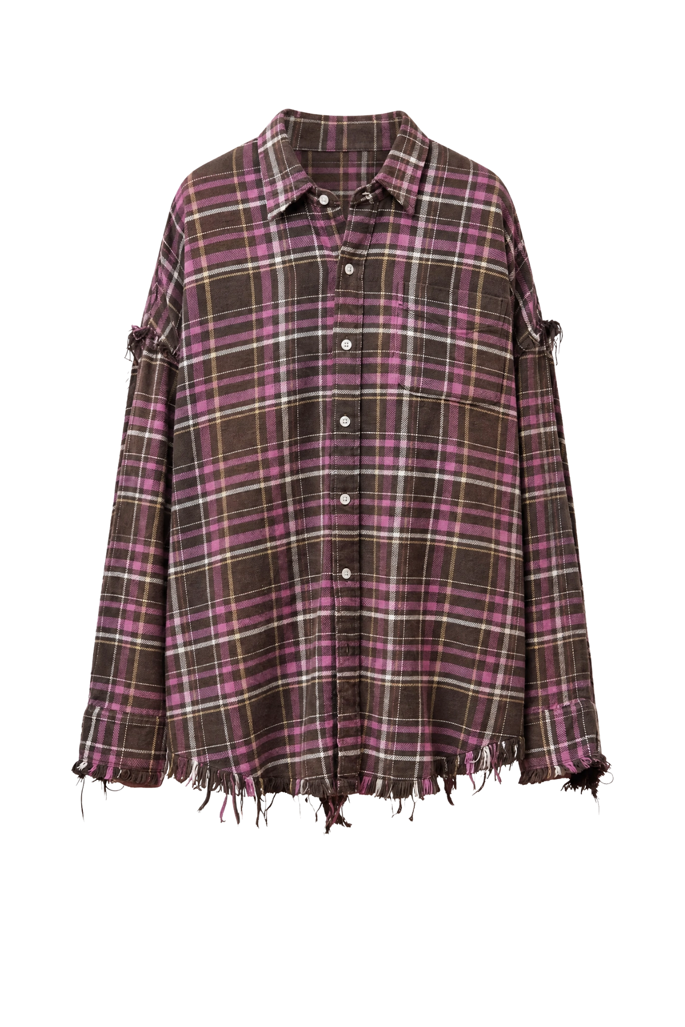 Shirt Shredded Seam Drop Neck in Brown Pink Plaid