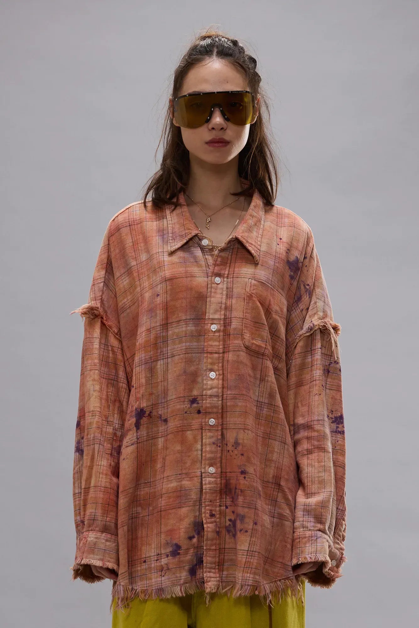 Shirt Shredded Seam Drop Neck in Overdyed Orange Purple Plaid