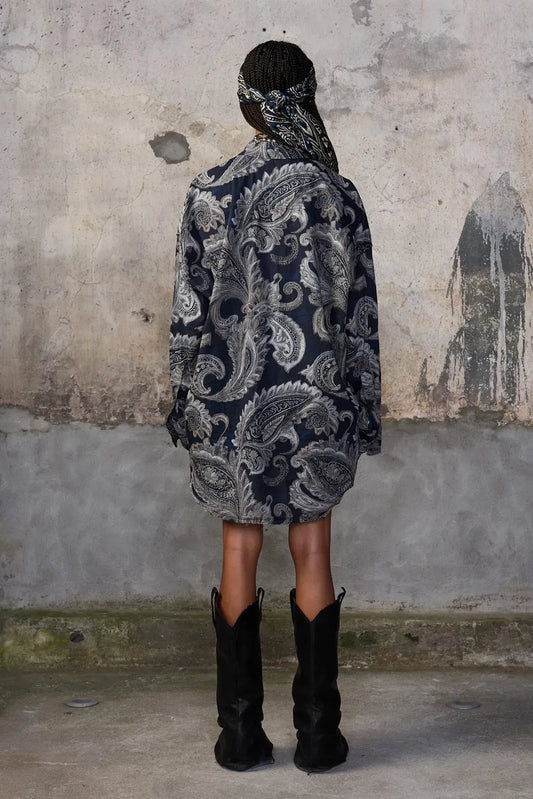 Shirt Shredded Seam Ruffle in Black Paisley Multi Print