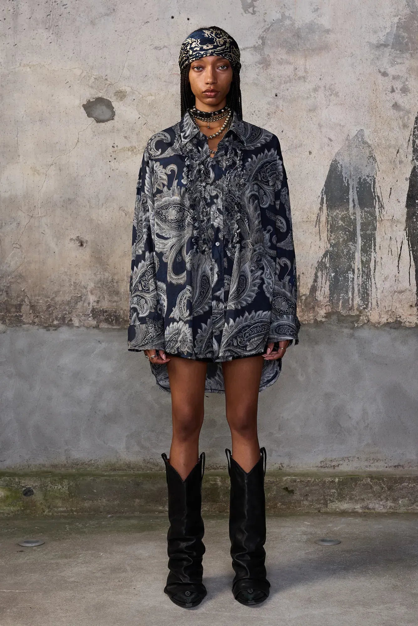 Shirt Shredded Seam Ruffle in Black Paisley Multi Print