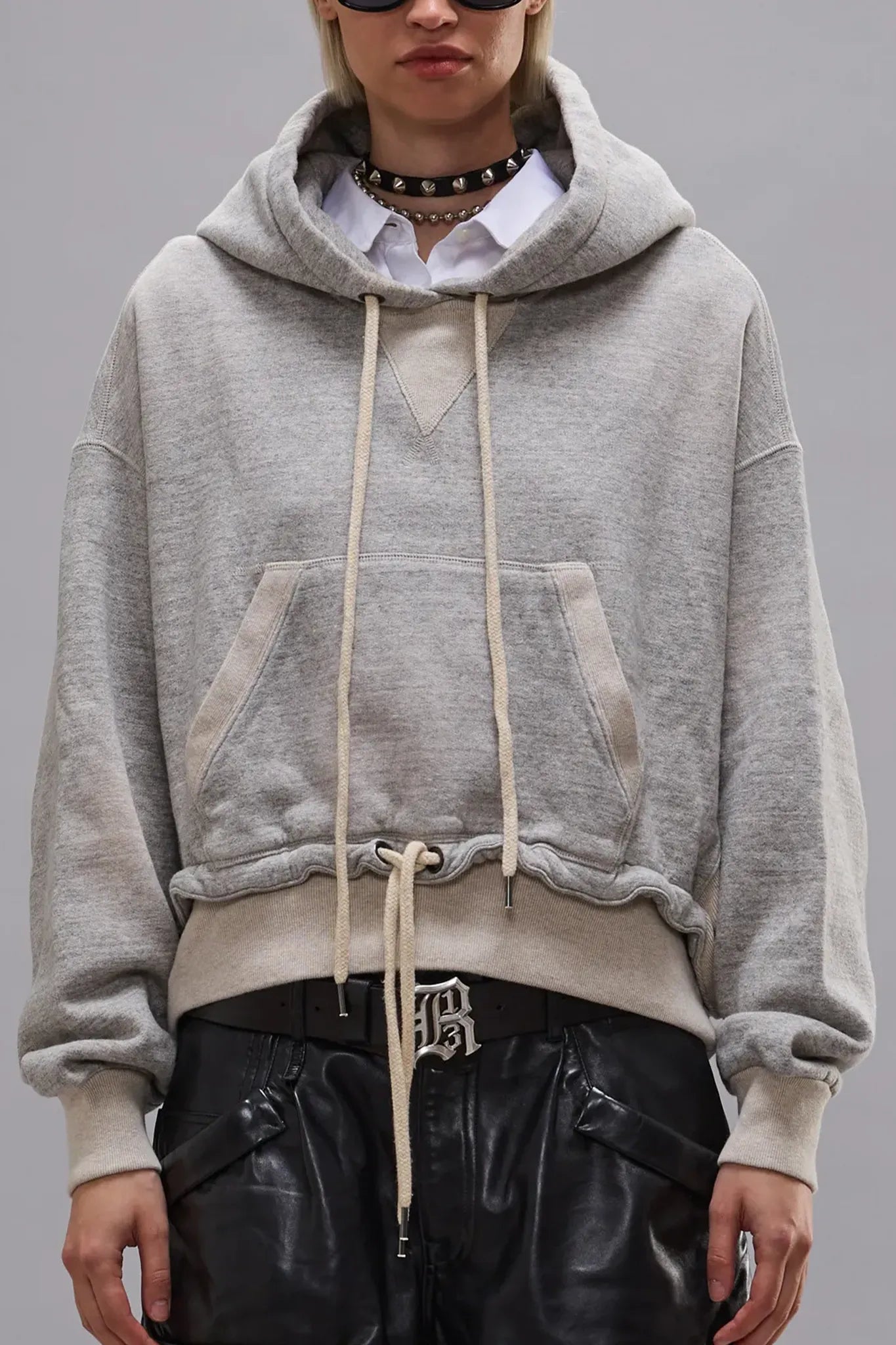 Hoodie Cinched Hem Popover in Heather Gray Oatmeal