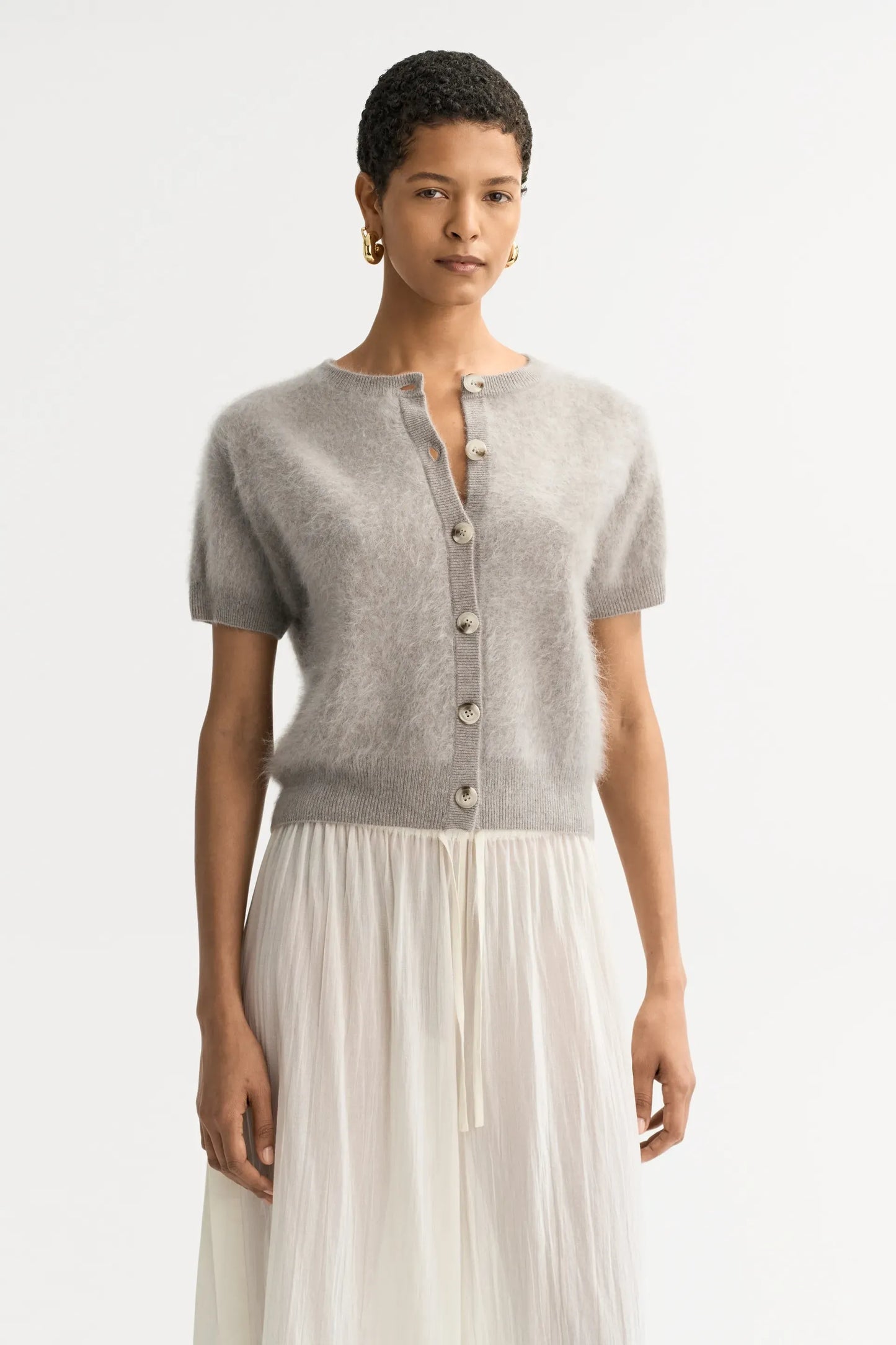 Cardigan Brushed Short Sleeve in Greige