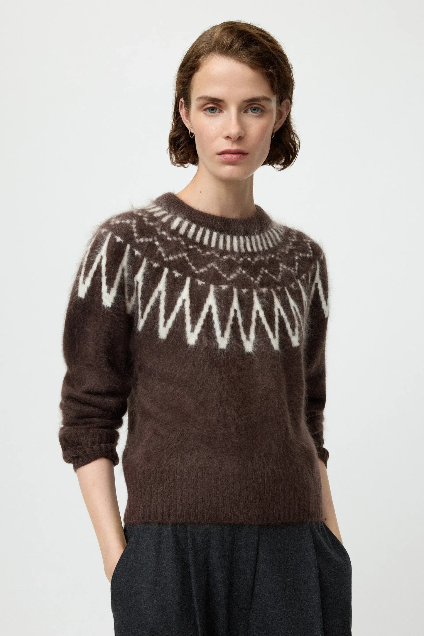 Pullover Brushed Fair isle Crewneck in Mocha