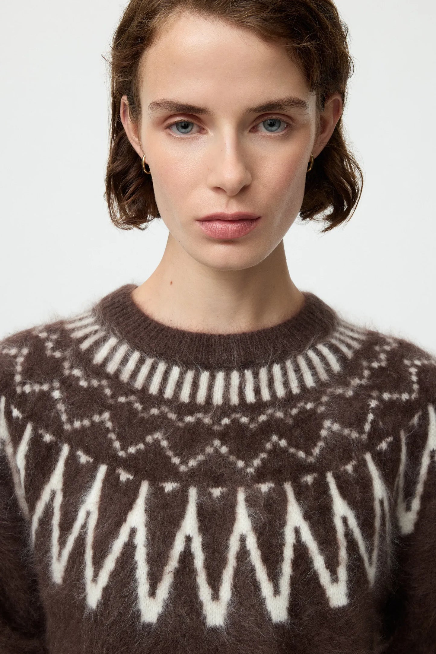 Pullover Brushed Fair isle Crewneck in Mocha