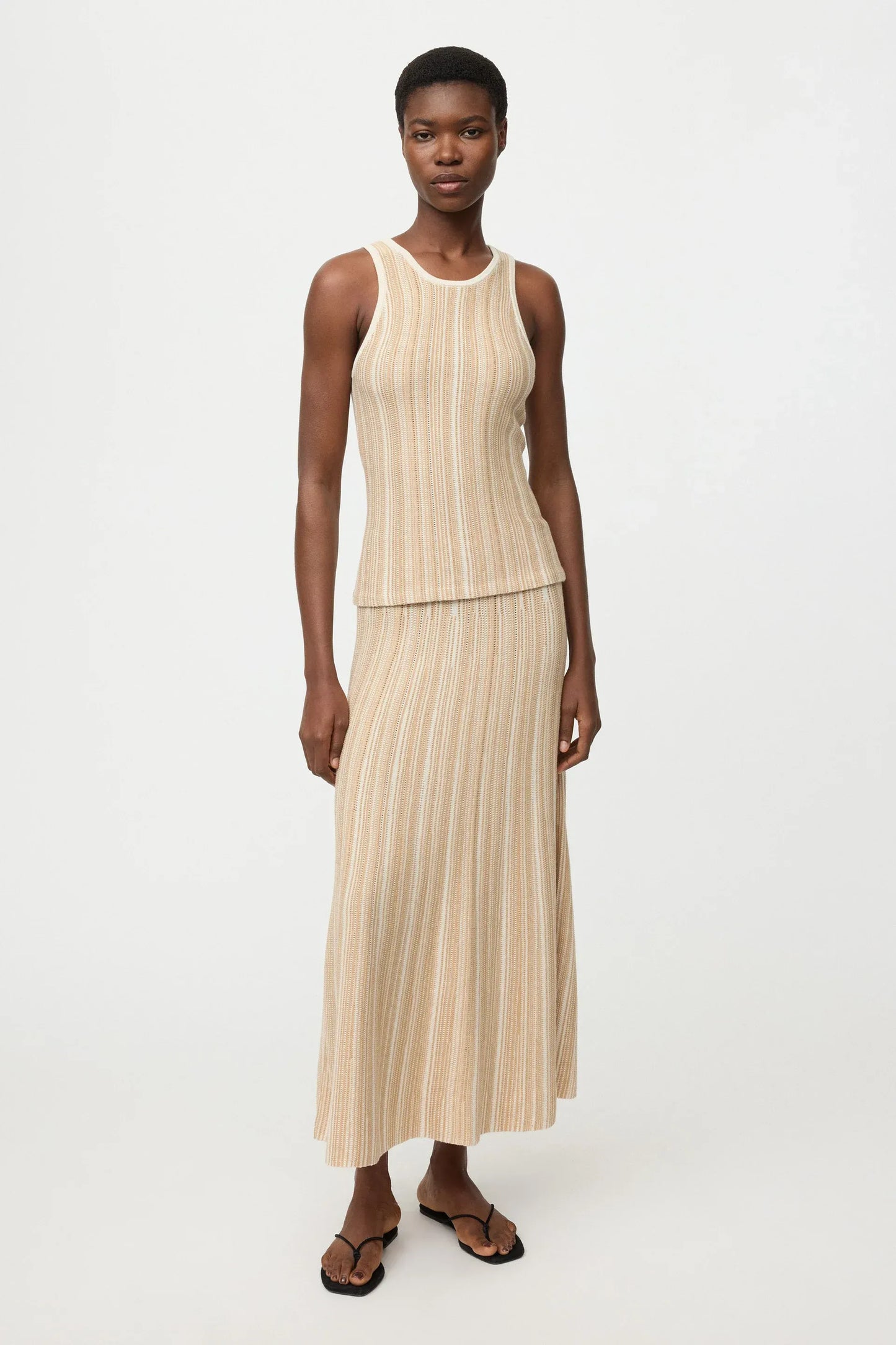 Top Textured Striped Singlet in Camel
