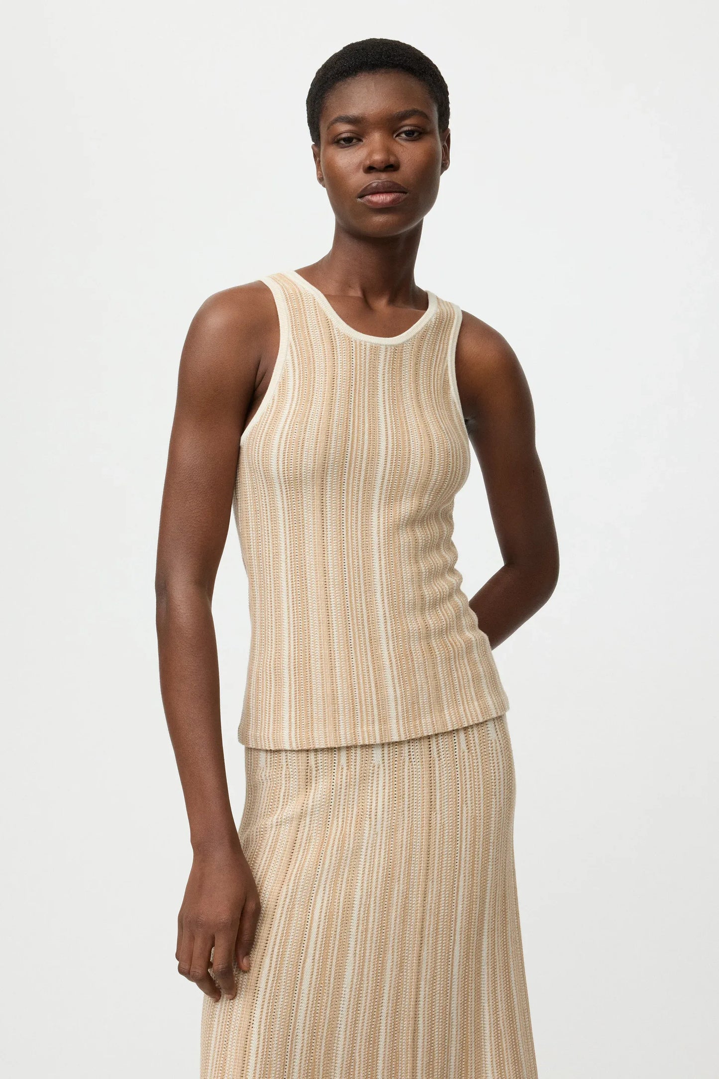 Top Textured Striped Singlet in Camel