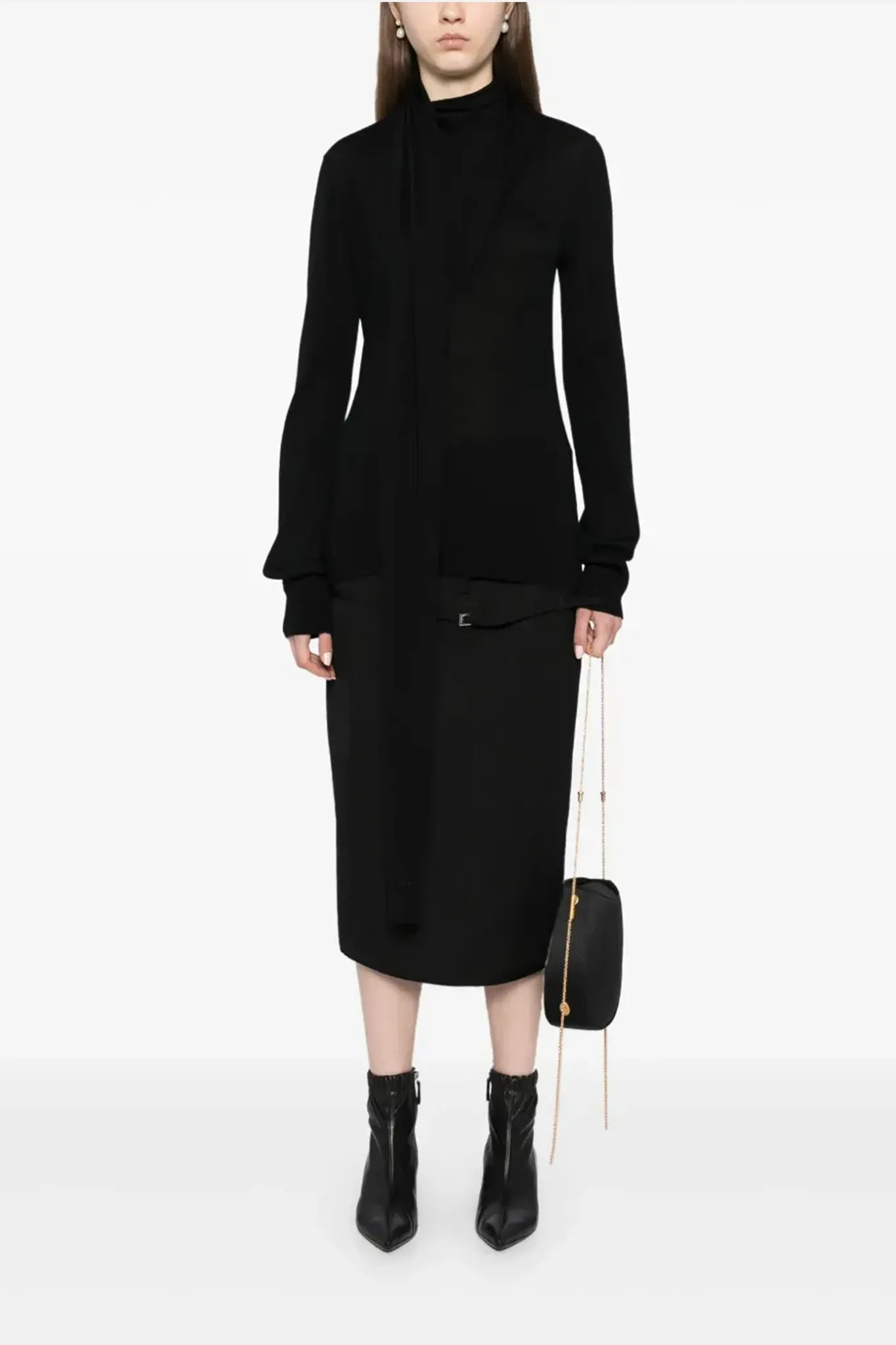 Pullover Draped-Scarf Fine Knit in Black