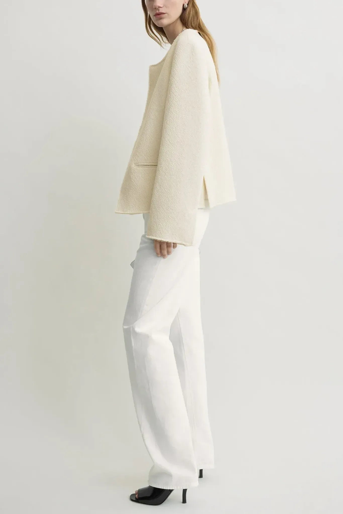Blazer open-front bouclé in ecru