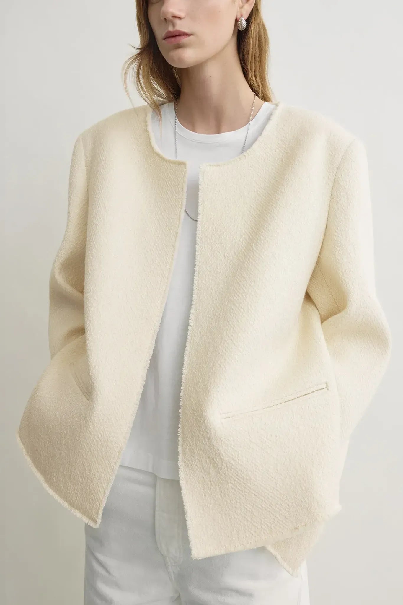 Blazer open-front bouclé in ecru
