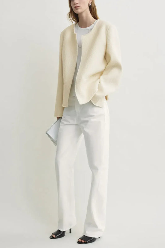 Blazer open-front bouclé in ecru