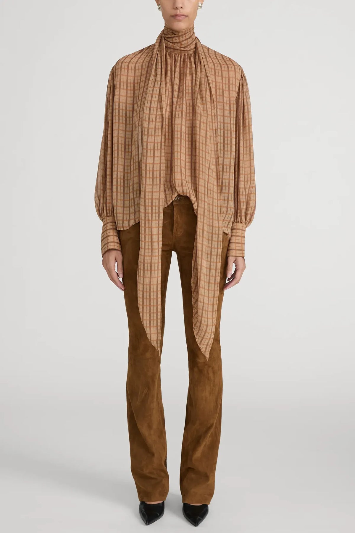 Bluse The Lantern in Taupe Multi Plaid