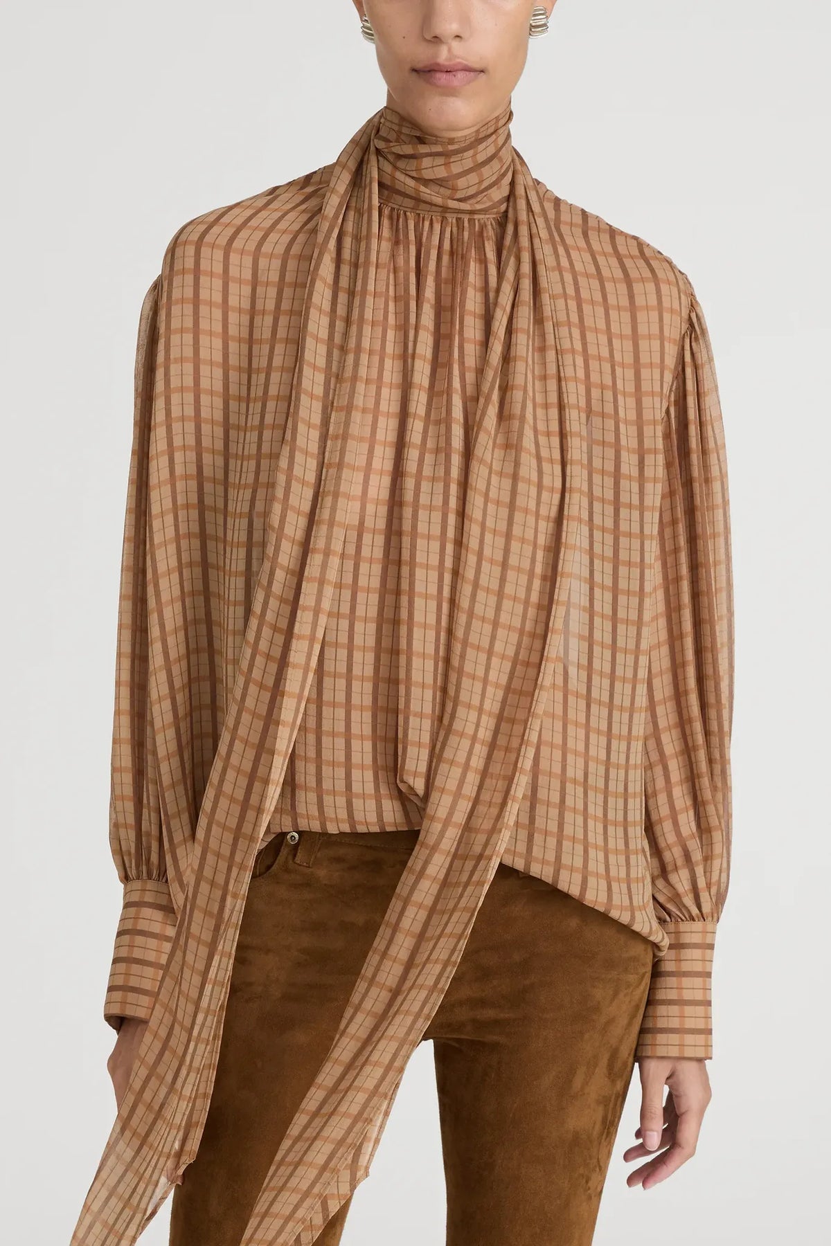 Bluse The Lantern in Taupe Multi Plaid