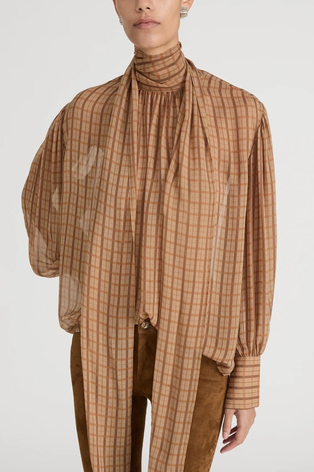 Bluse The Lantern in Taupe Multi Plaid