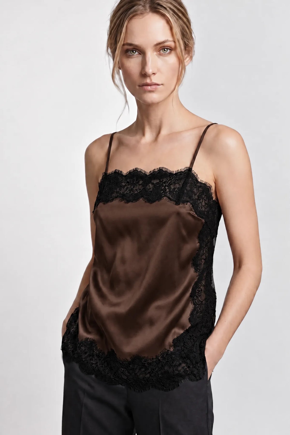 Lace Top Silk in Chocolate-Black