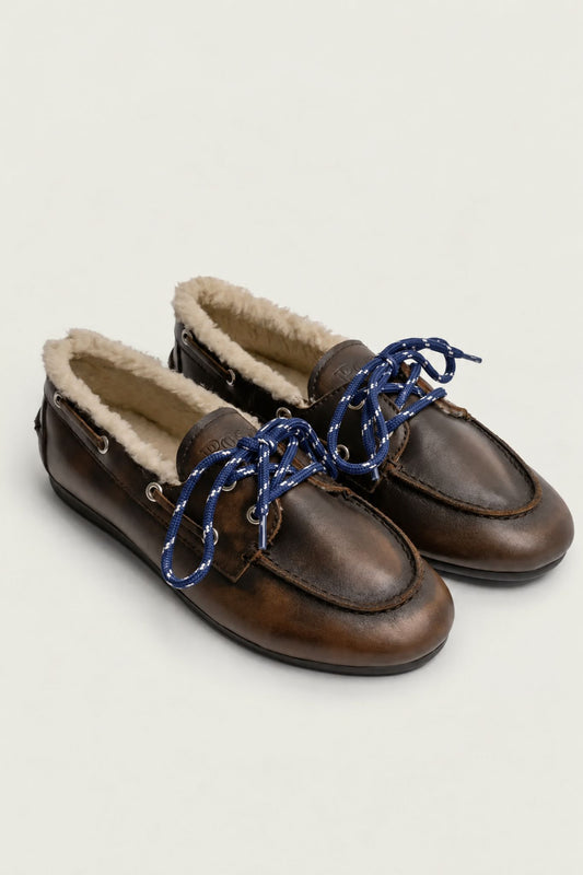 Boat Loafer Brushed Fur Leather in Coffee