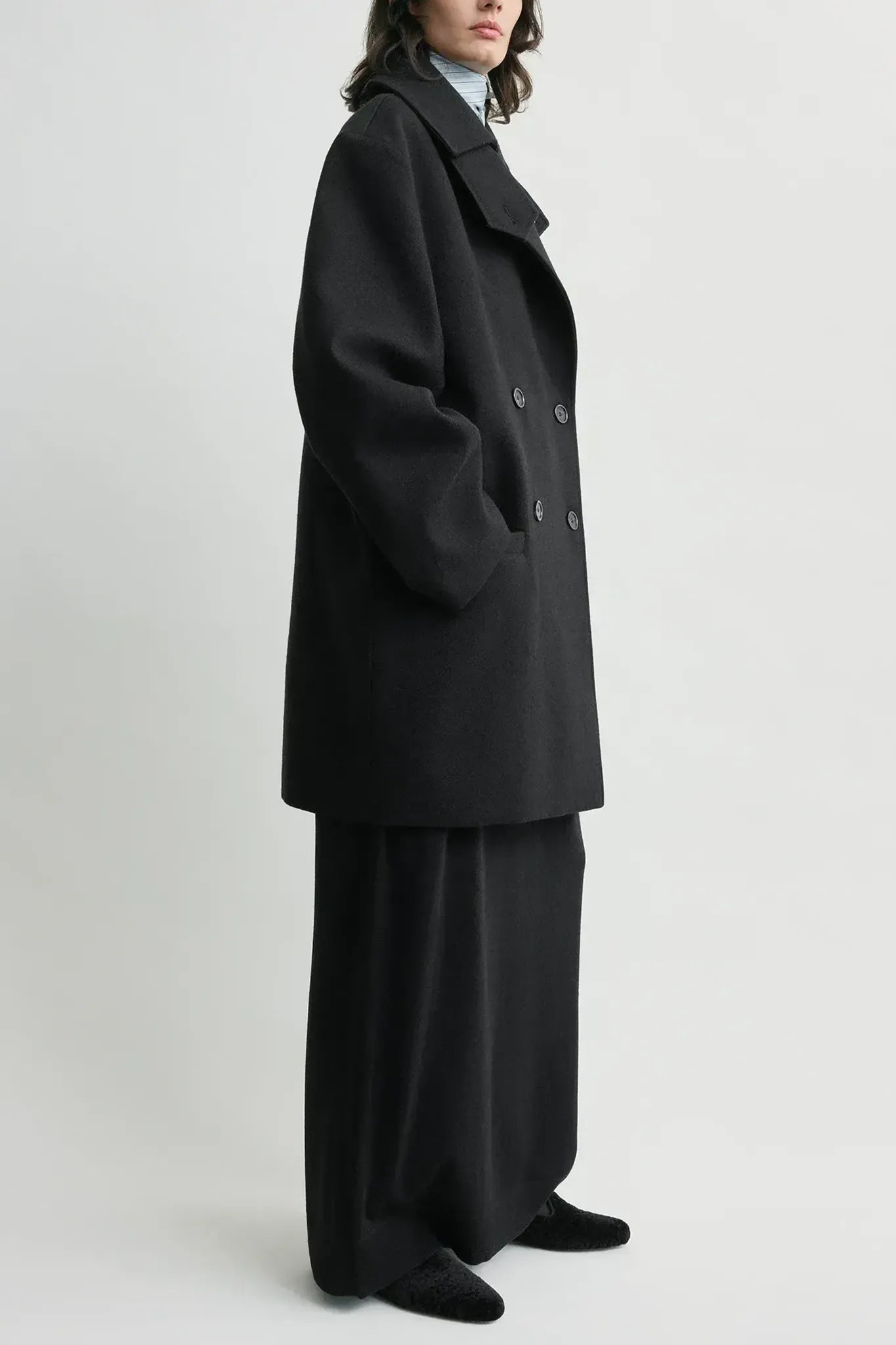 Broad Peacoat Coat in Black